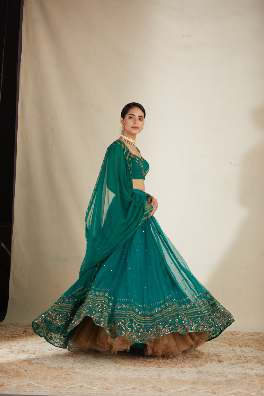 Indian Teal Green Sequin Organza Silk Lehenga (3-Piece) - Image 22