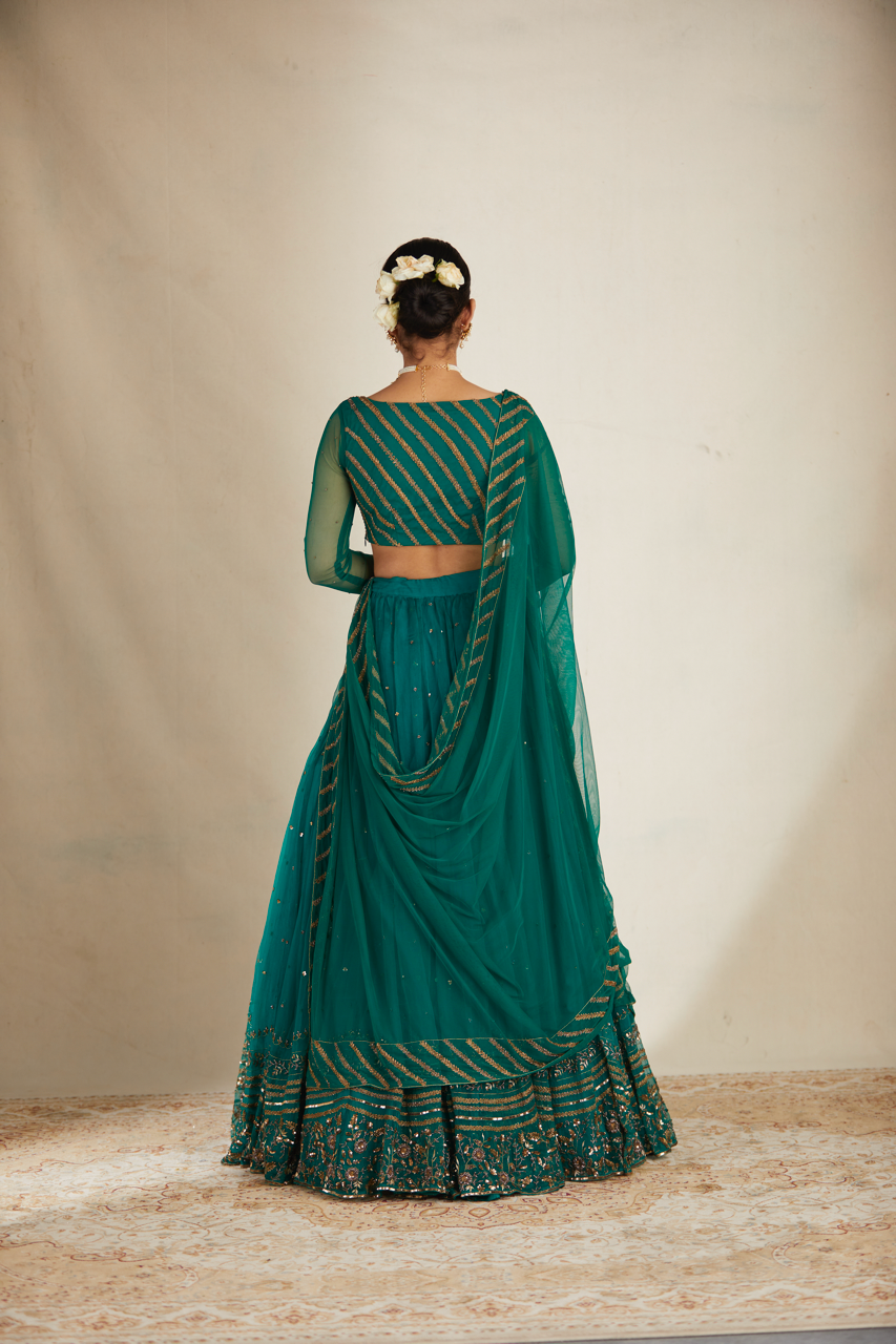 Indian Teal Green Sequin Organza Silk Lehenga (3-Piece) - Image 23