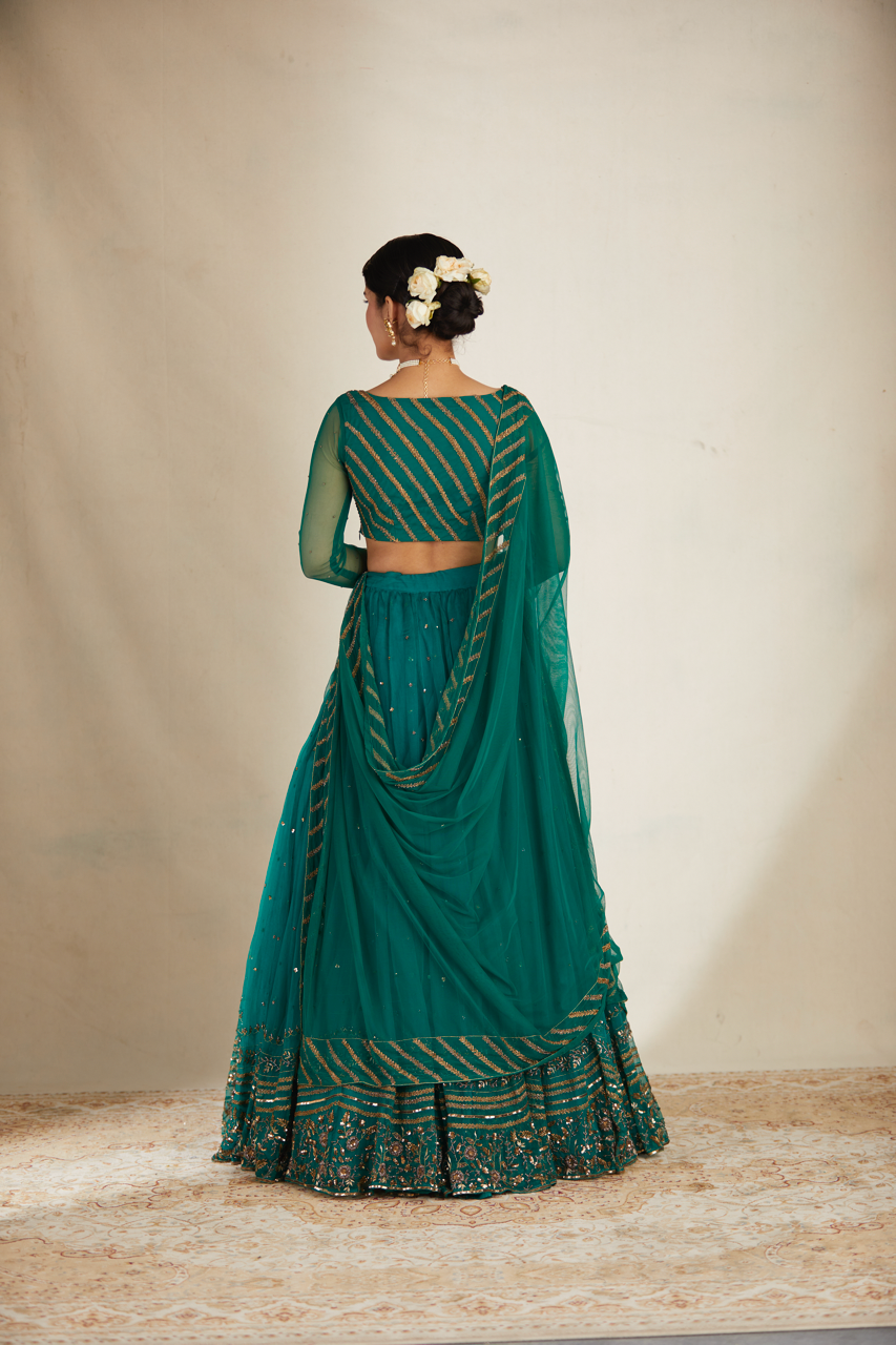 Indian Teal Green Sequin Organza Silk Lehenga (3-Piece) - Image 24