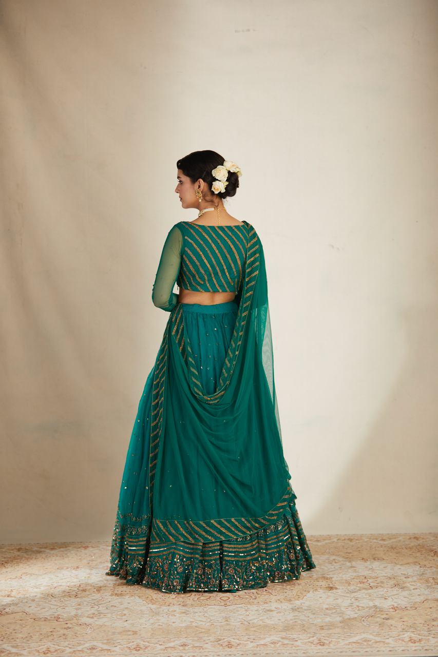 Indian Teal Green Sequin Organza Silk Lehenga (3-Piece) - Image 25