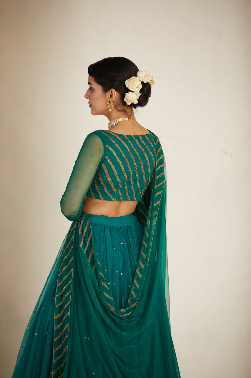Indian Teal Green Sequin Organza Silk Lehenga (3-Piece) - Image 26