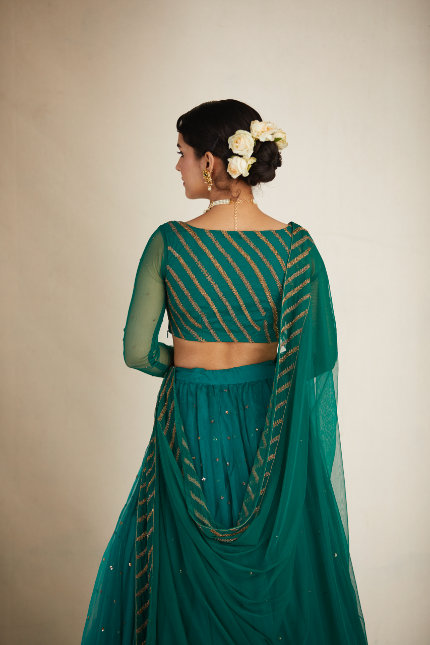 Indian Teal Green Sequin Organza Silk Lehenga (3-Piece) - Image 27