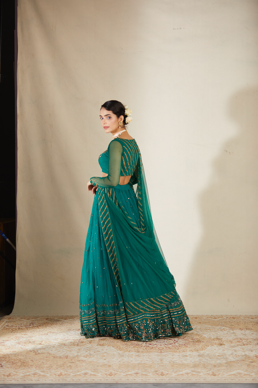 Indian Teal Green Sequin Organza Silk Lehenga (3-Piece) - Image 28