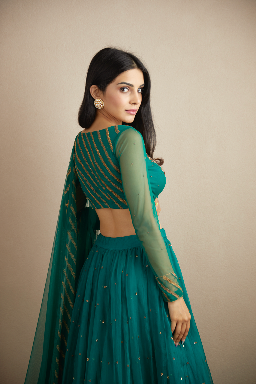 Indian Teal Green Sequin Organza Silk Lehenga (3-Piece) - Image 3