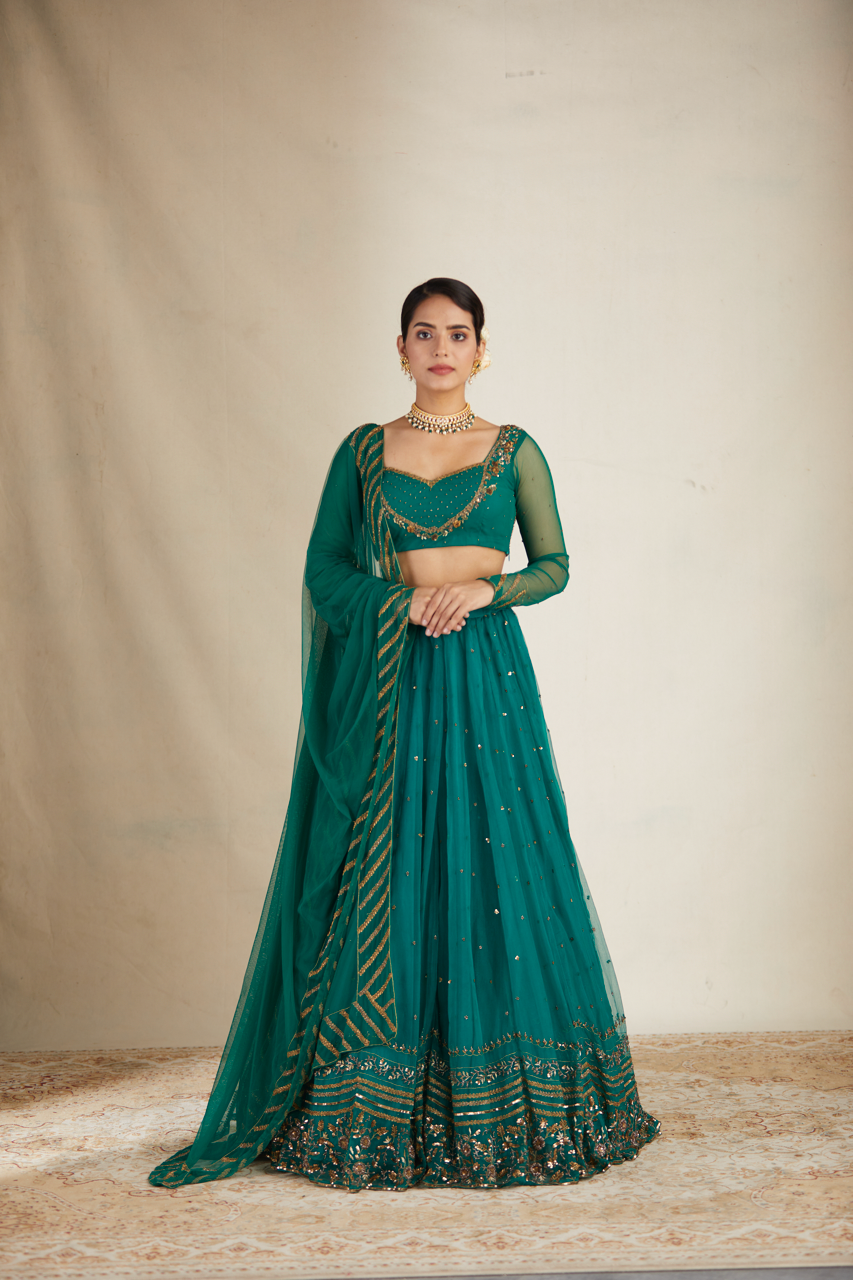 Indian Teal Green Sequin Organza Silk Lehenga (3-Piece) - Image 4