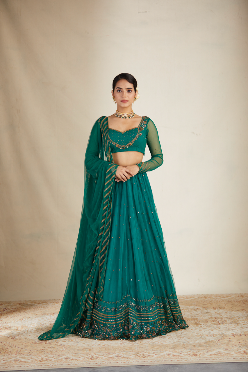 Indian Teal Green Sequin Organza Silk Lehenga (3-Piece) - Image 6