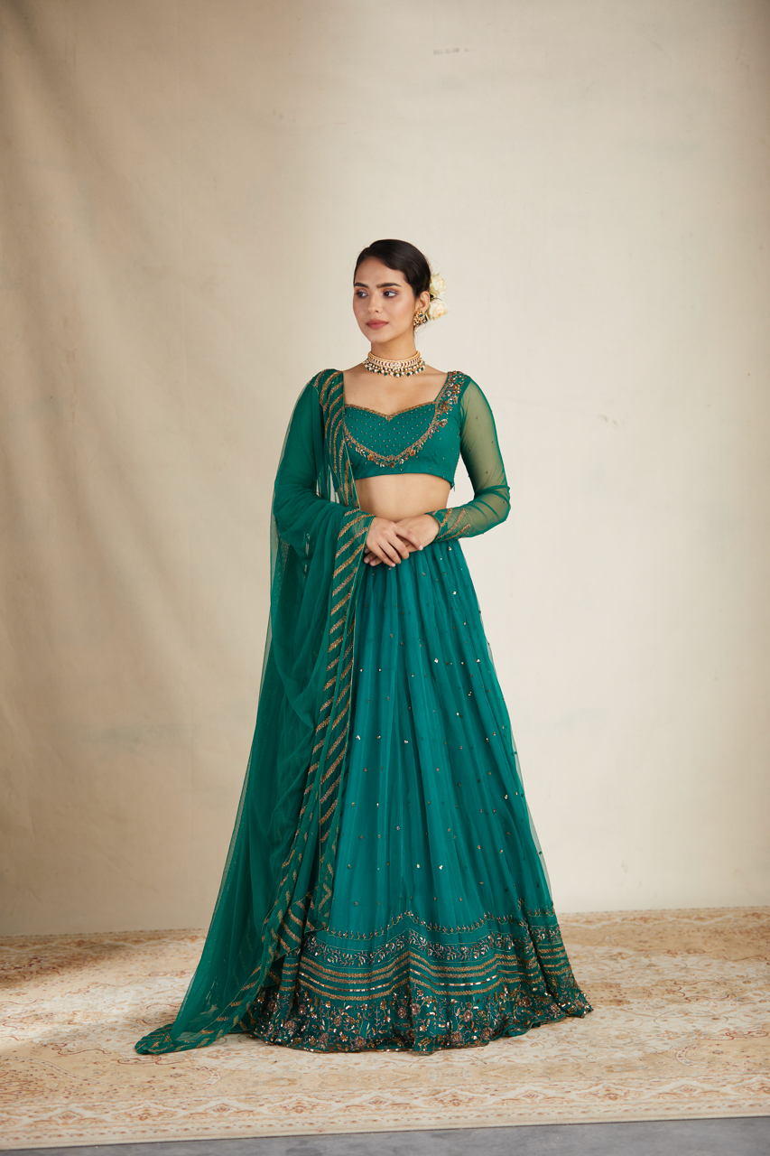 Indian Teal Green Sequin Organza Silk Lehenga (3-Piece) - Image 7