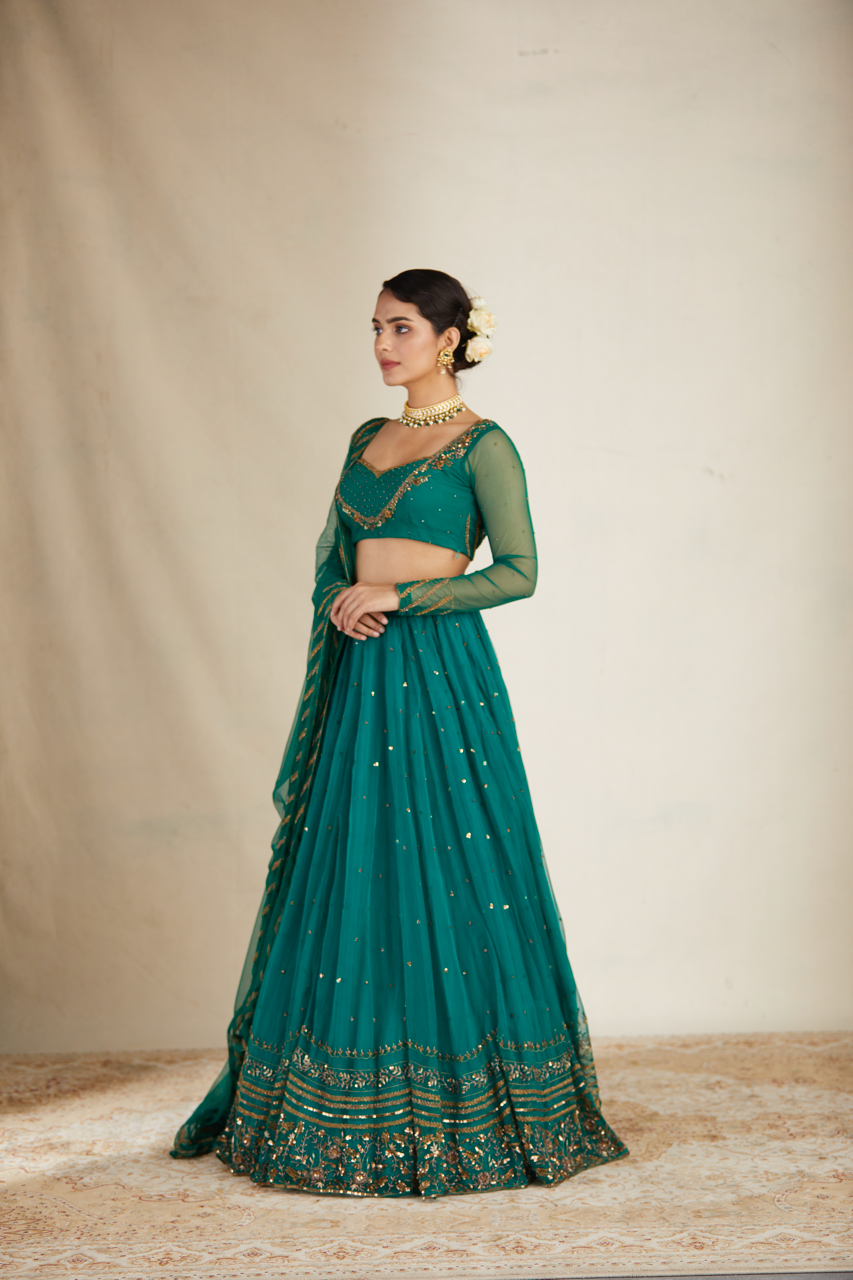 Indian Teal Green Sequin Organza Silk Lehenga (3-Piece) - Image 8