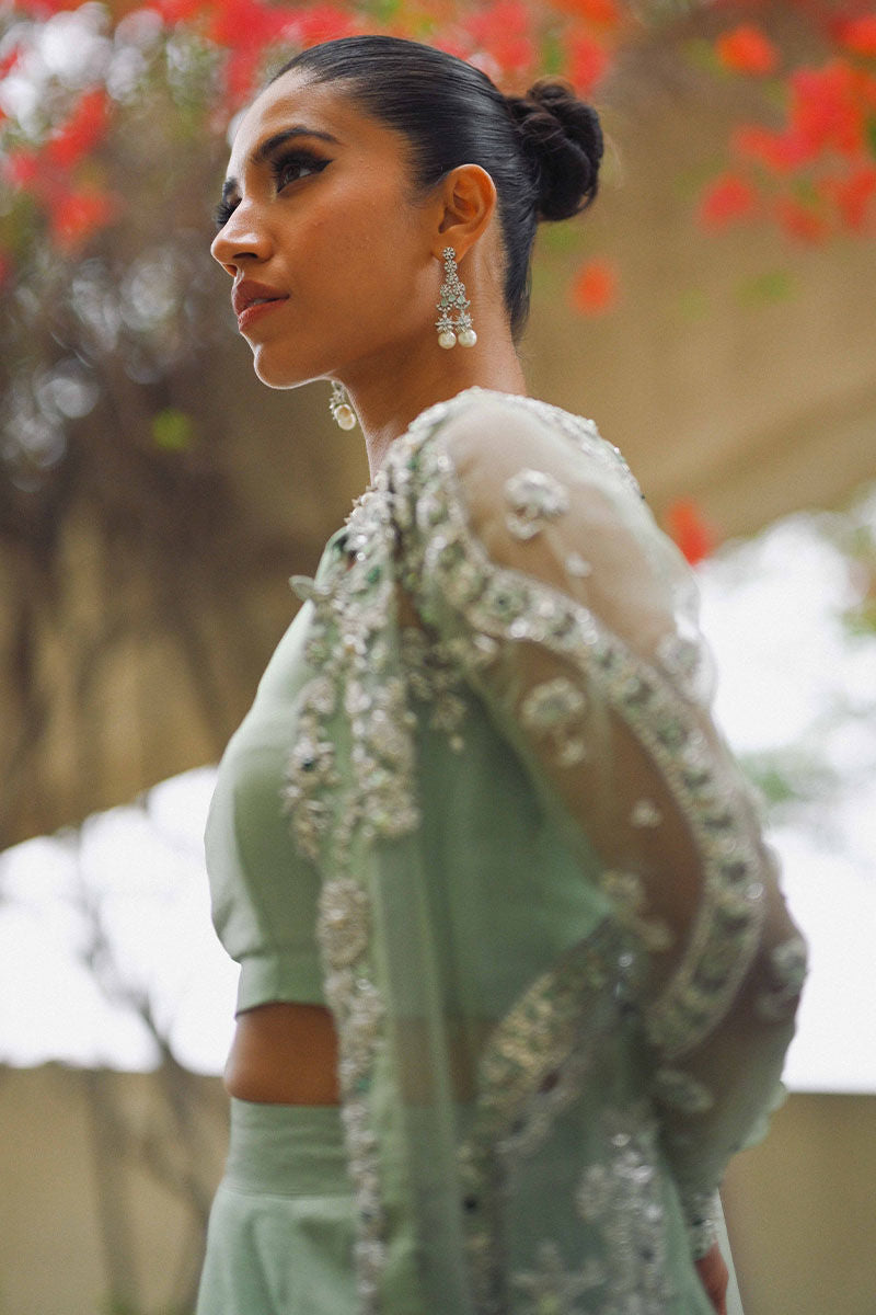 Pakistani Mint Green Embroidered Organza & Silk Jacket Lehenga (3-Piece) - Image 2