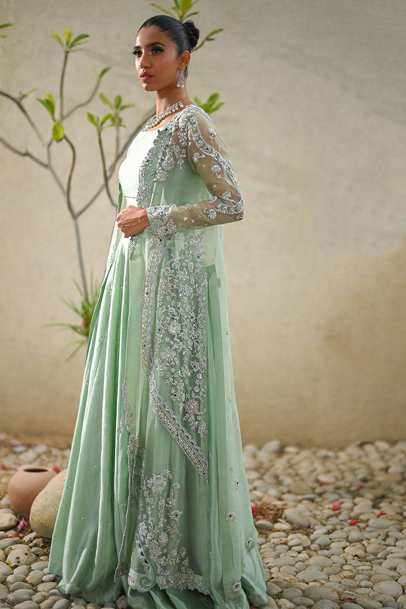 Pakistani Mint Green Embroidered Organza & Silk Jacket Lehenga (3-Piece) - Image 4