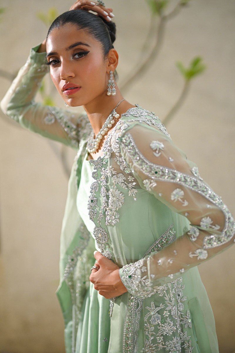 Pakistani Mint Green Embroidered Organza & Silk Jacket Lehenga (3-Piece) - Image 5