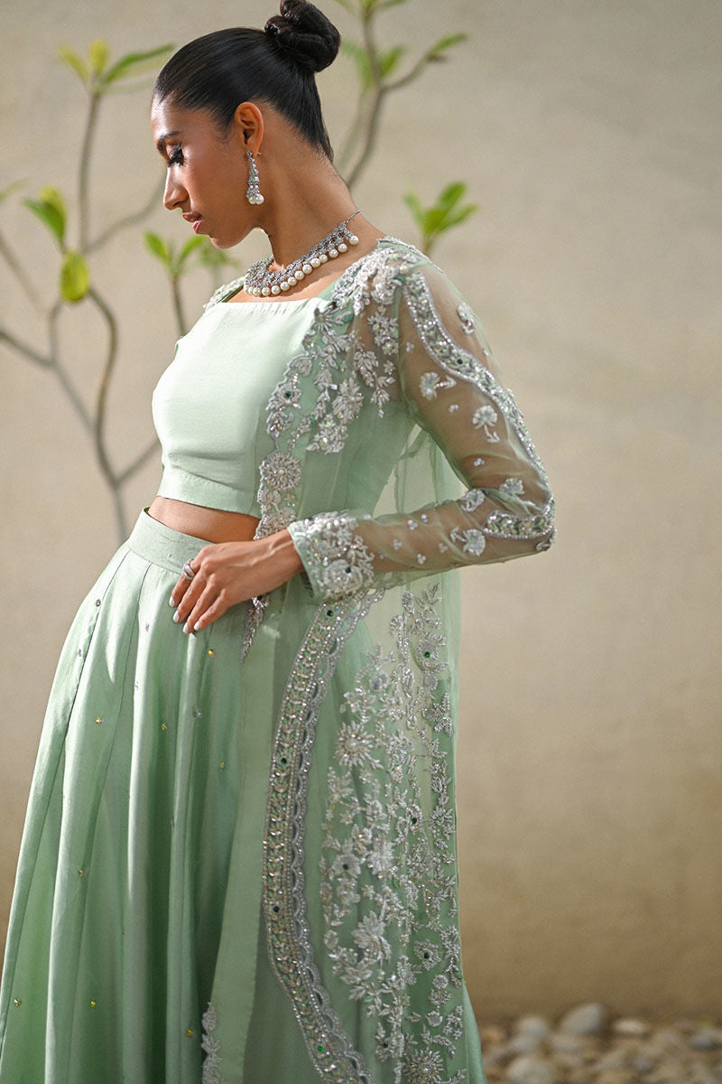 Pakistani Mint Green Embroidered Organza & Silk Jacket Lehenga (3-Piece) - Image 6