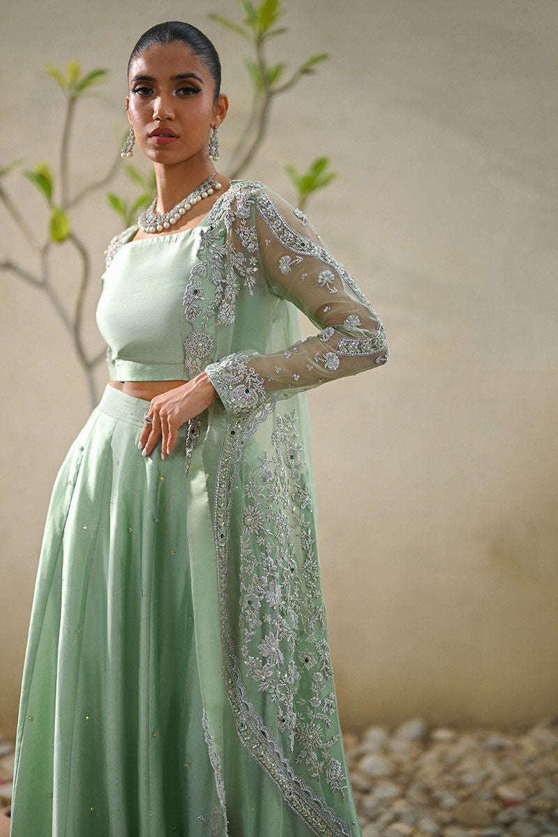 Pakistani Mint Green Embroidered Organza & Silk Jacket Lehenga (3-Piece) - Image 7