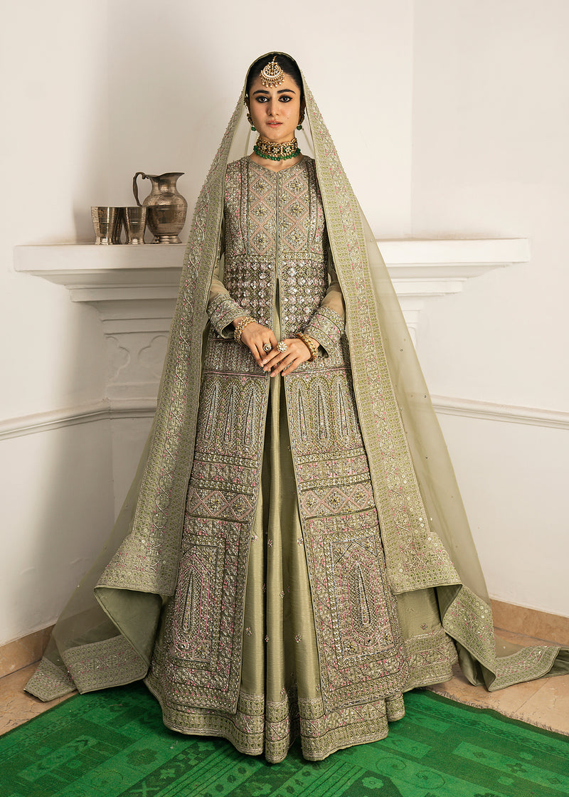 Pakistani Pistachio Embroidered Organza Jacket Lehenga (3-Piece) - Image 1