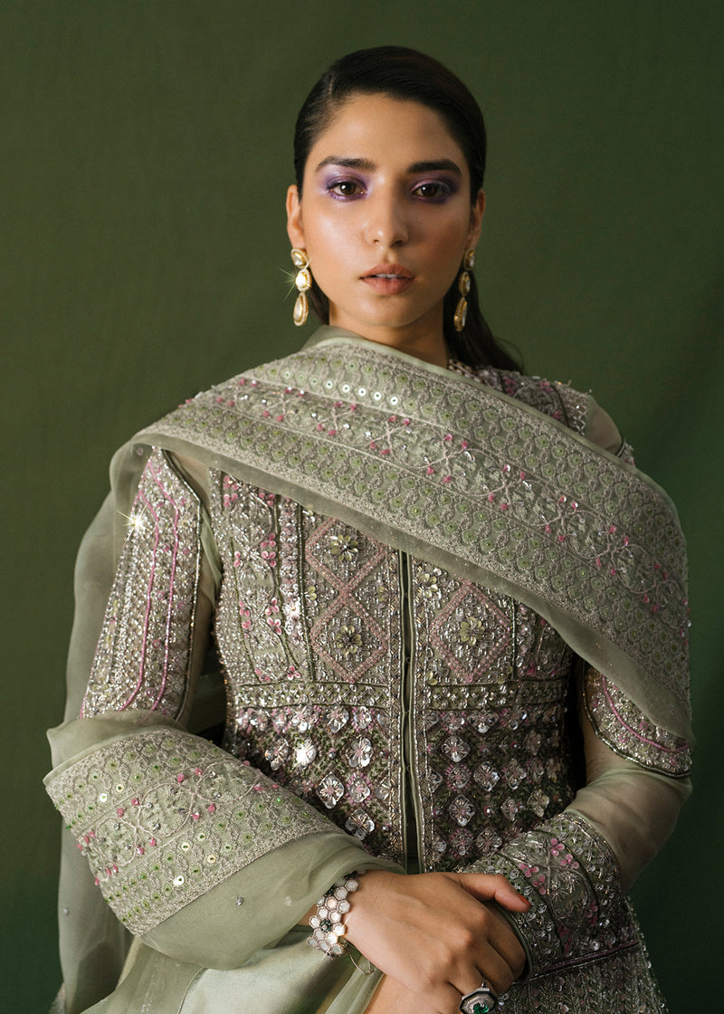 Pakistani Pistachio Embroidered Organza Jacket Lehenga (3-Piece) - Image 6