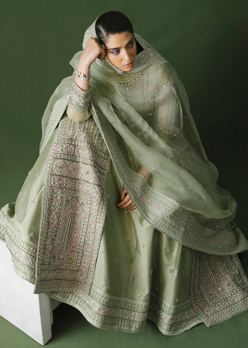 Pakistani Pistachio Embroidered Organza Jacket Lehenga (3-Piece) - Image 8