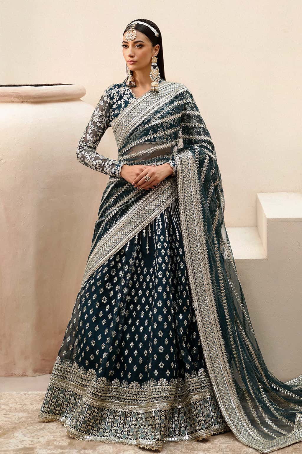 Pakistani Teal Green Embroidered Organza & Net Lehenga (3-Piece) - Image 1