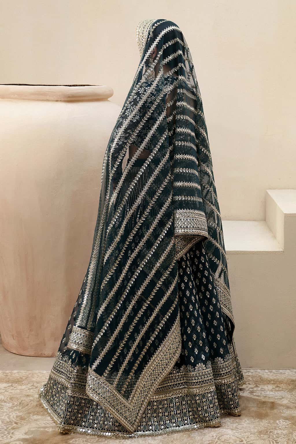 Pakistani Teal Green Embroidered Organza & Net Lehenga (3-Piece) - Image 2