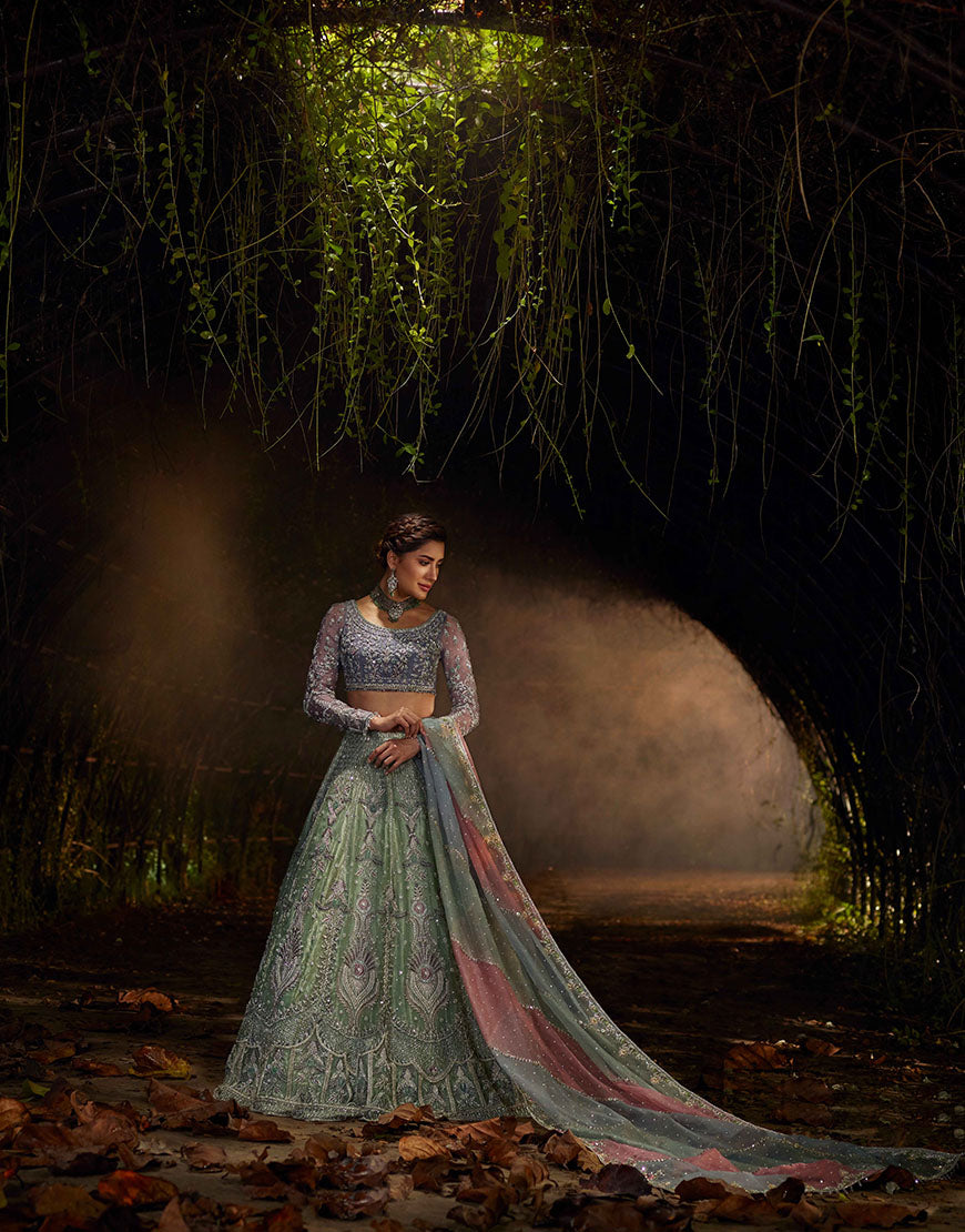 Pakistani Purple & Mint Embellished Organza Lehenga Choli (3-Piece) - Image 1