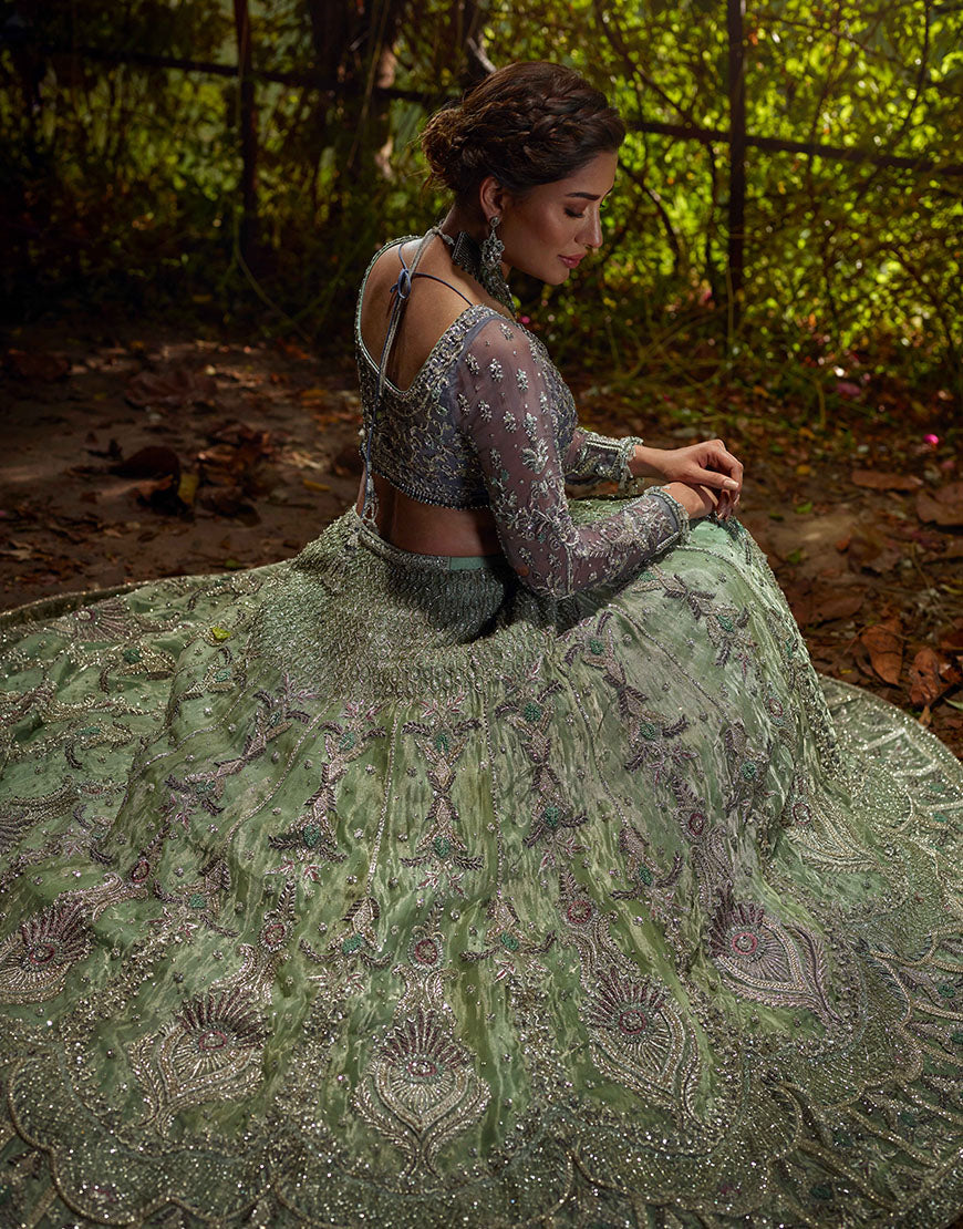 Pakistani Purple & Mint Embellished Organza Lehenga Choli (3-Piece) - Image 2