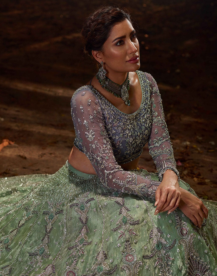 Pakistani Purple & Mint Embellished Organza Lehenga Choli (3-Piece) - Image 3