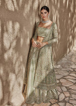 Indian Mint Green Embroidered Organza Gown with Jamawar Lehenga (3-Piece) - Image 3