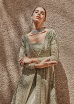 Indian Mint Green Embroidered Organza Gown with Jamawar Lehenga (3-Piece) - Image 5