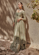 Indian Mint Green Embroidered Organza Gown with Jamawar Lehenga (3-Piece) - Image 6