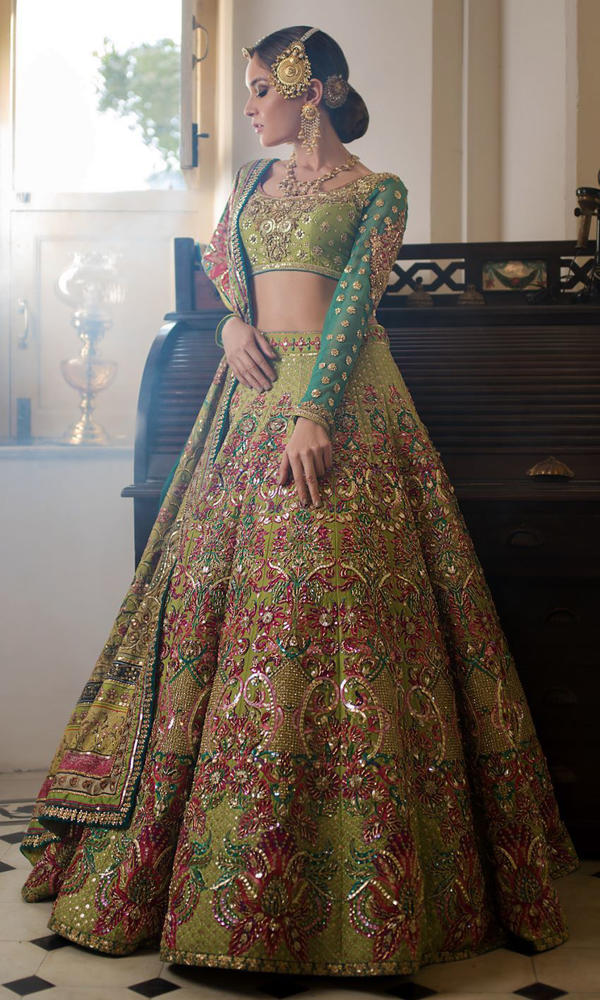 Olive Green Hand-Embellished Net Lehenga (3-Piece) - Image 2