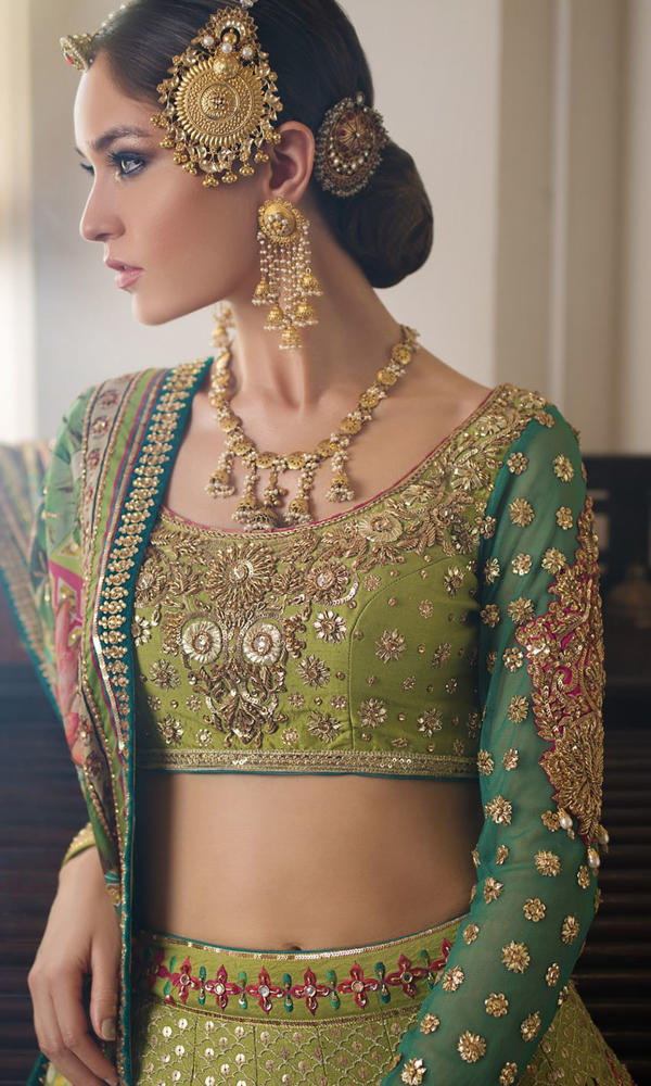 Olive Green Hand-Embellished Net Lehenga (3-Piece) - Image 3