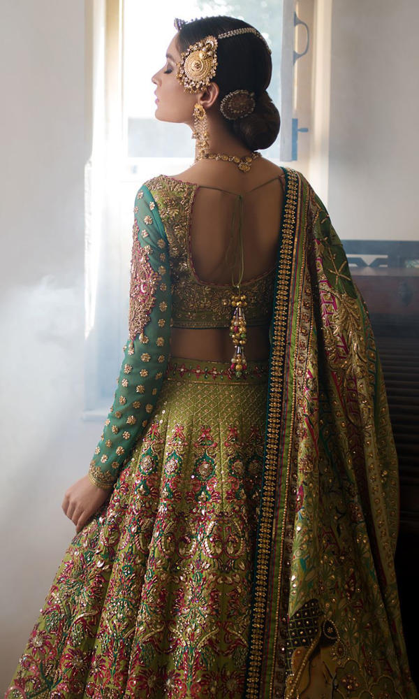 Olive Green Hand-Embellished Net Lehenga (3-Piece) - Image 4