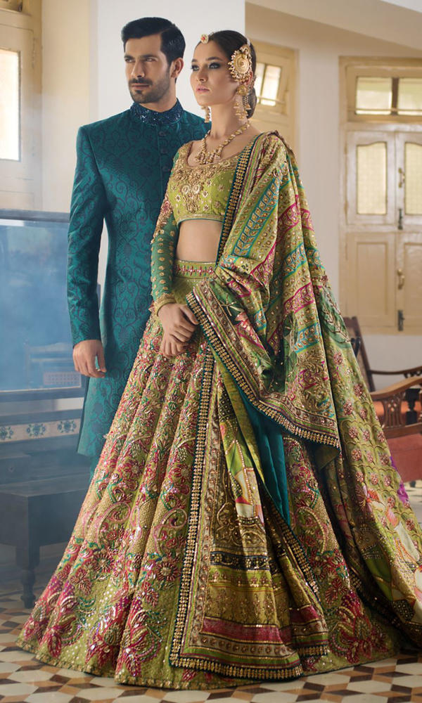 Olive Green Hand-Embellished Net Lehenga (3-Piece) - Image 5