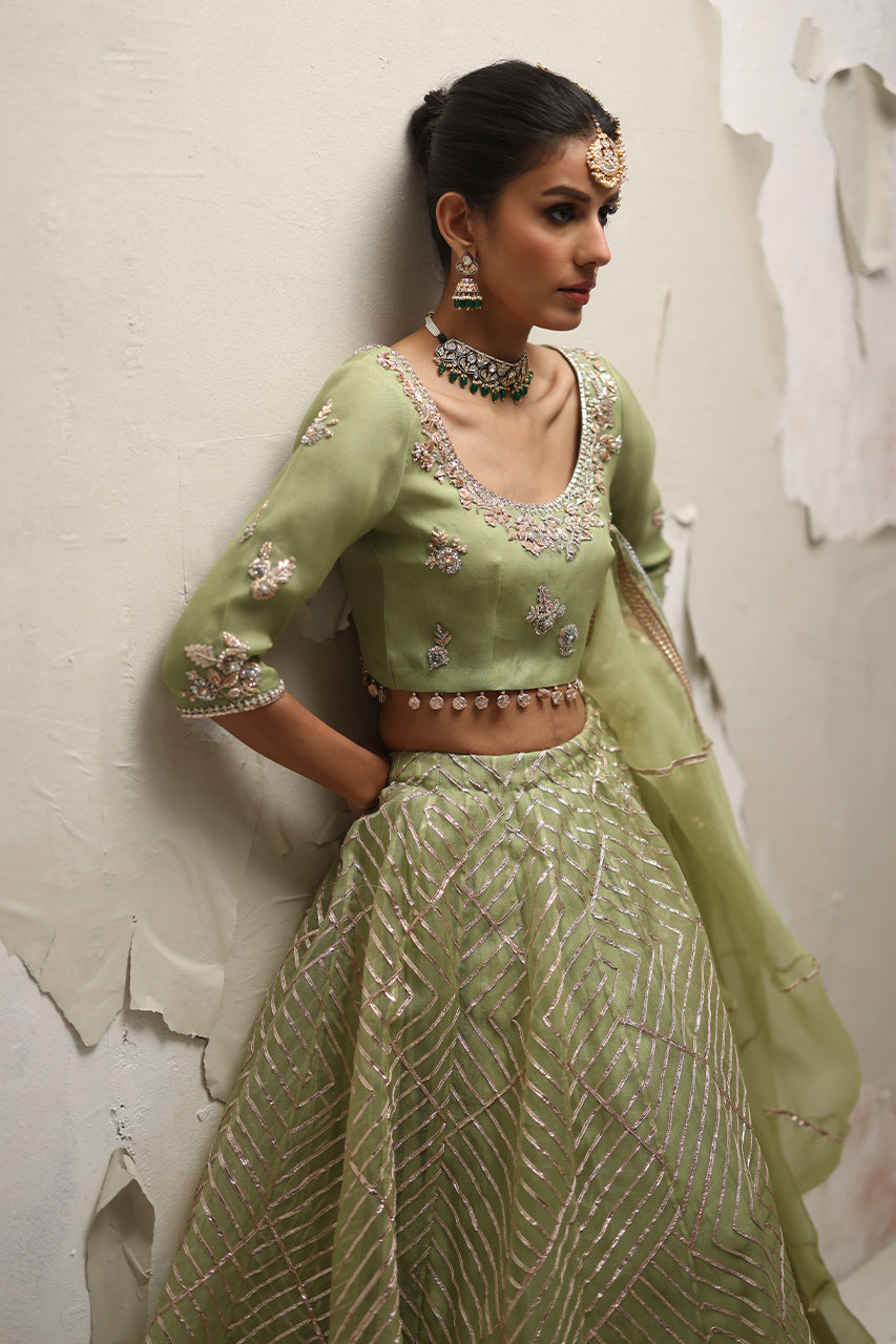 Pakistani Pistachio Green Zardozi Organza Lehenga Choli (3-Piece) - Image 2