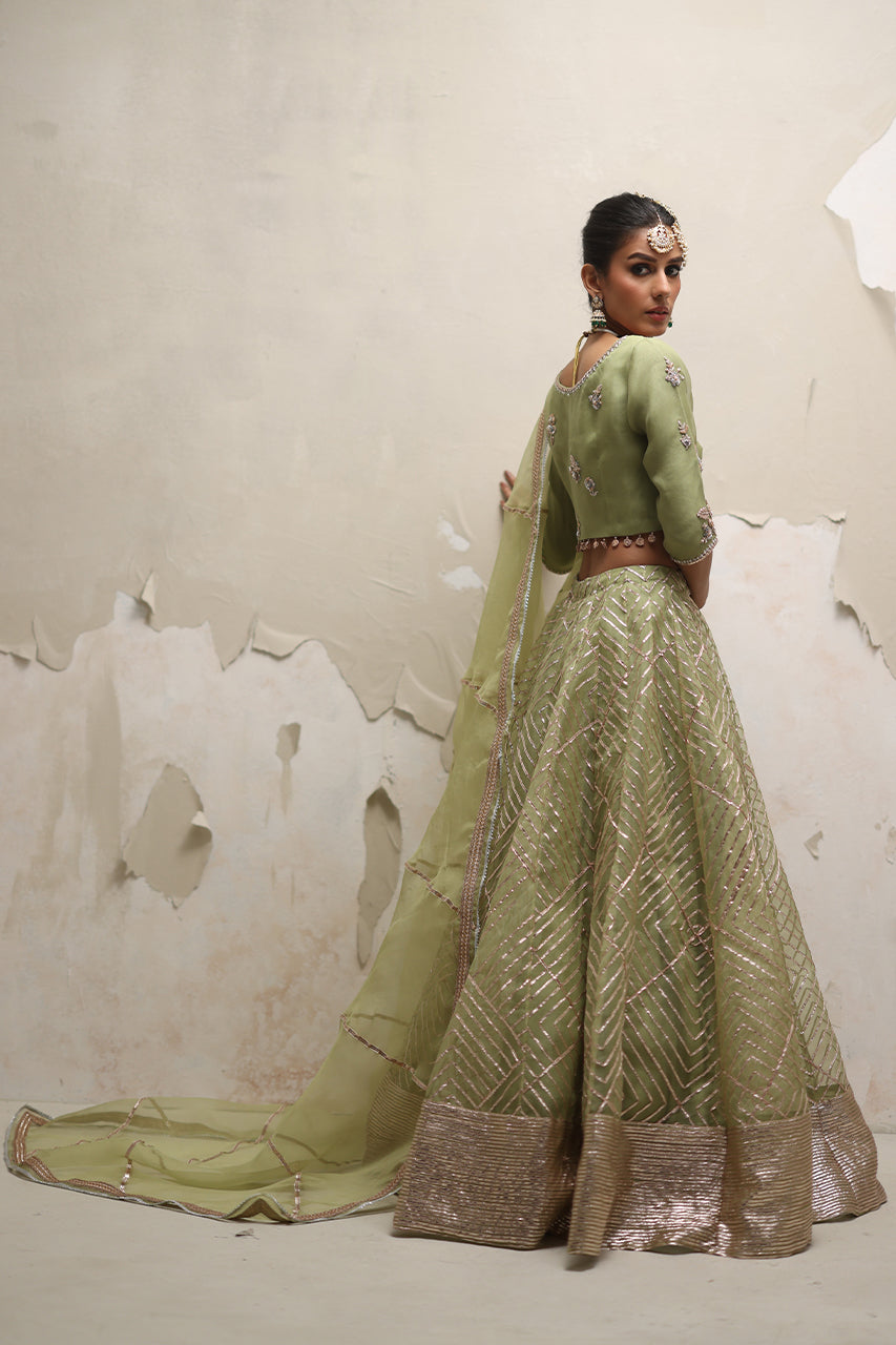 Pakistani Pistachio Green Zardozi Organza Lehenga Choli (3-Piece) - Image 4