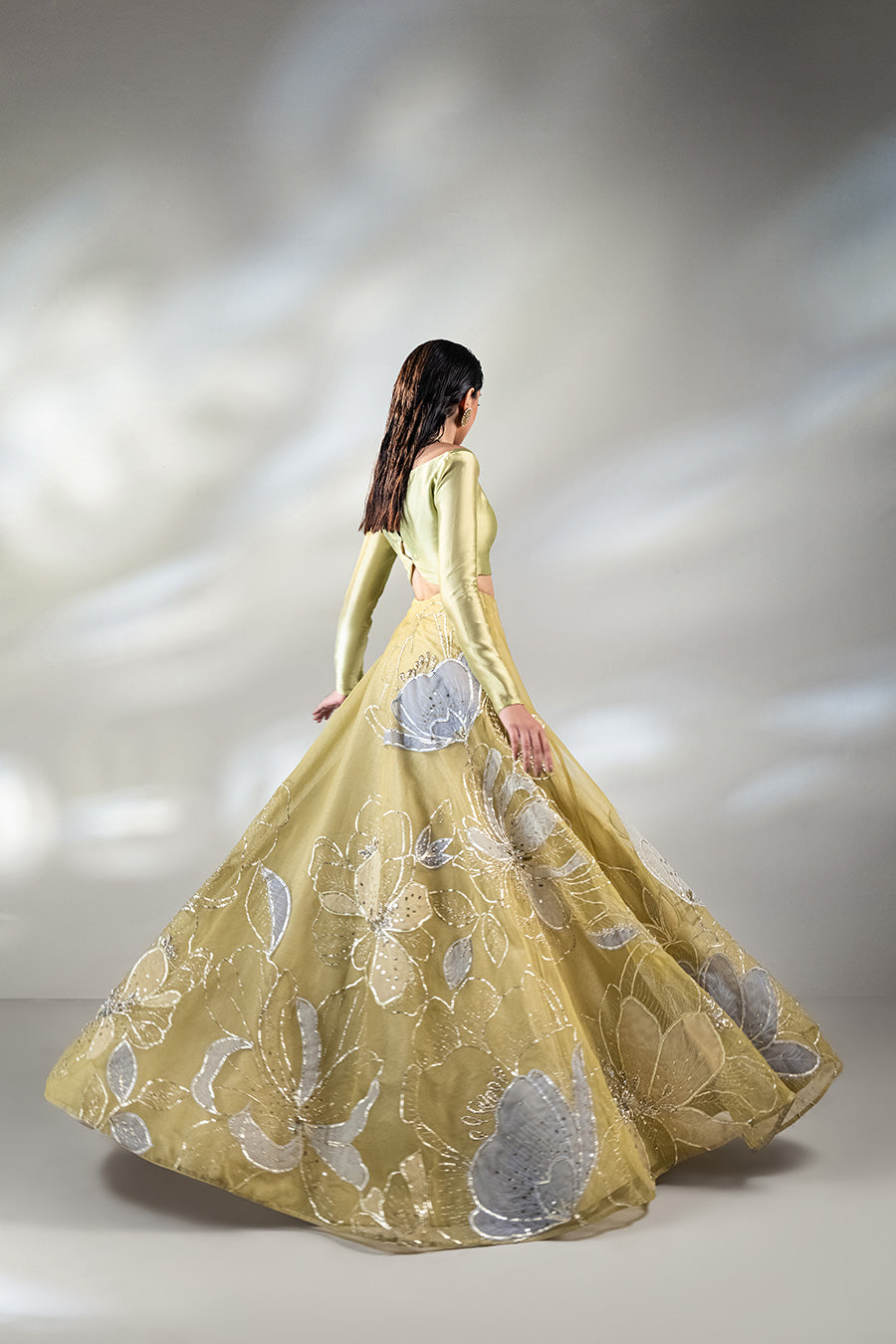 Pakistani Lime Green Zardozi Organza Lehenga (3-Piece) - Image 1
