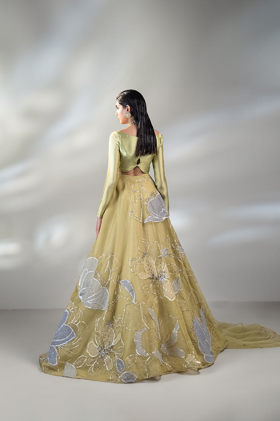 Pakistani Lime Green Zardozi Organza Lehenga (3-Piece) - Image 2