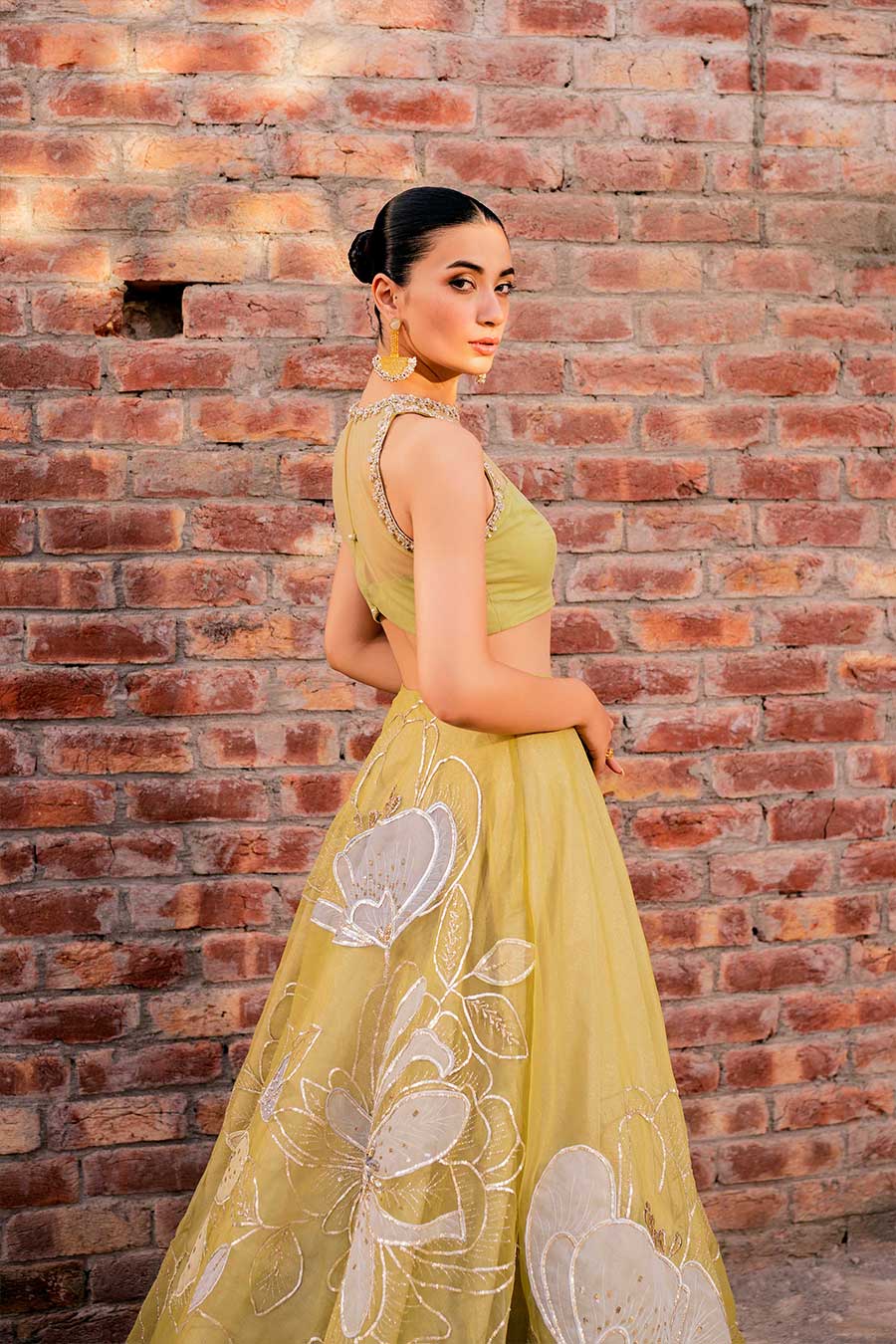 Pakistani Lime Green Zardozi Net & Organza Lehenga (3-Piece) - Image 3