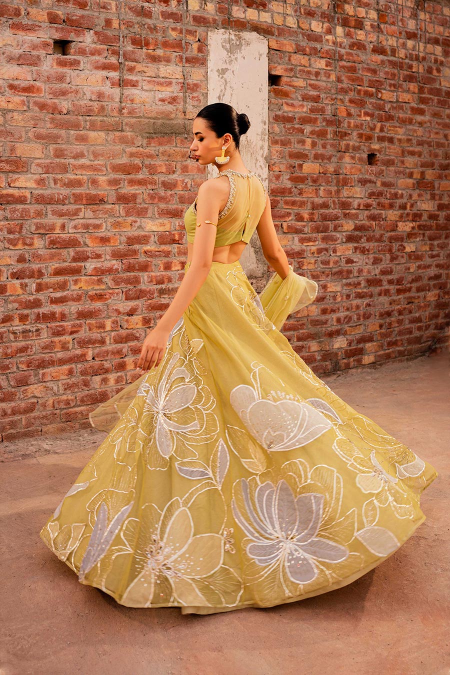 Pakistani Lime Green Zardozi Net & Organza Lehenga (3-Piece) - Image 4