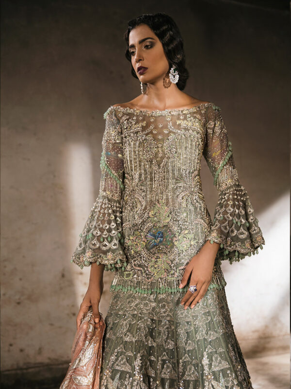 Pakistani Dusky Green Zardozi Organza & Net Bridal Lehenga (4-Piece) - Image 1