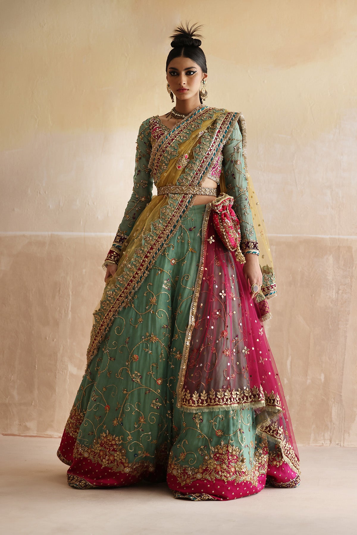 Pakistani Sea Green Zardozi Organza Lehenga Choli (3-Piece) - Image 1