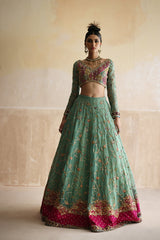 Pakistani Sea Green Zardozi Organza Lehenga Choli (3-Piece) - Image 4