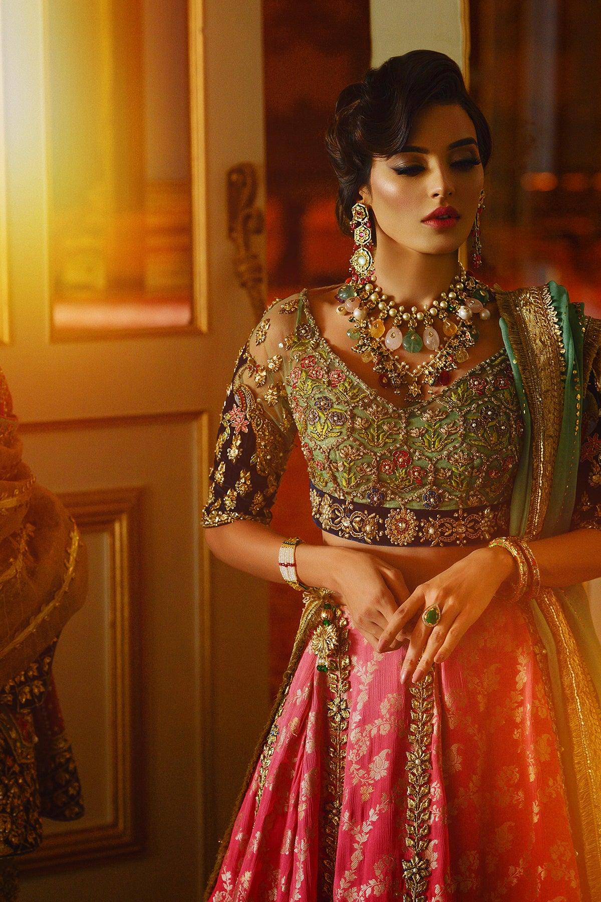 Pakistani Mint Green Zardozi Organza & Ombre Jamawar Lehenga (3-Piece) - Image 1