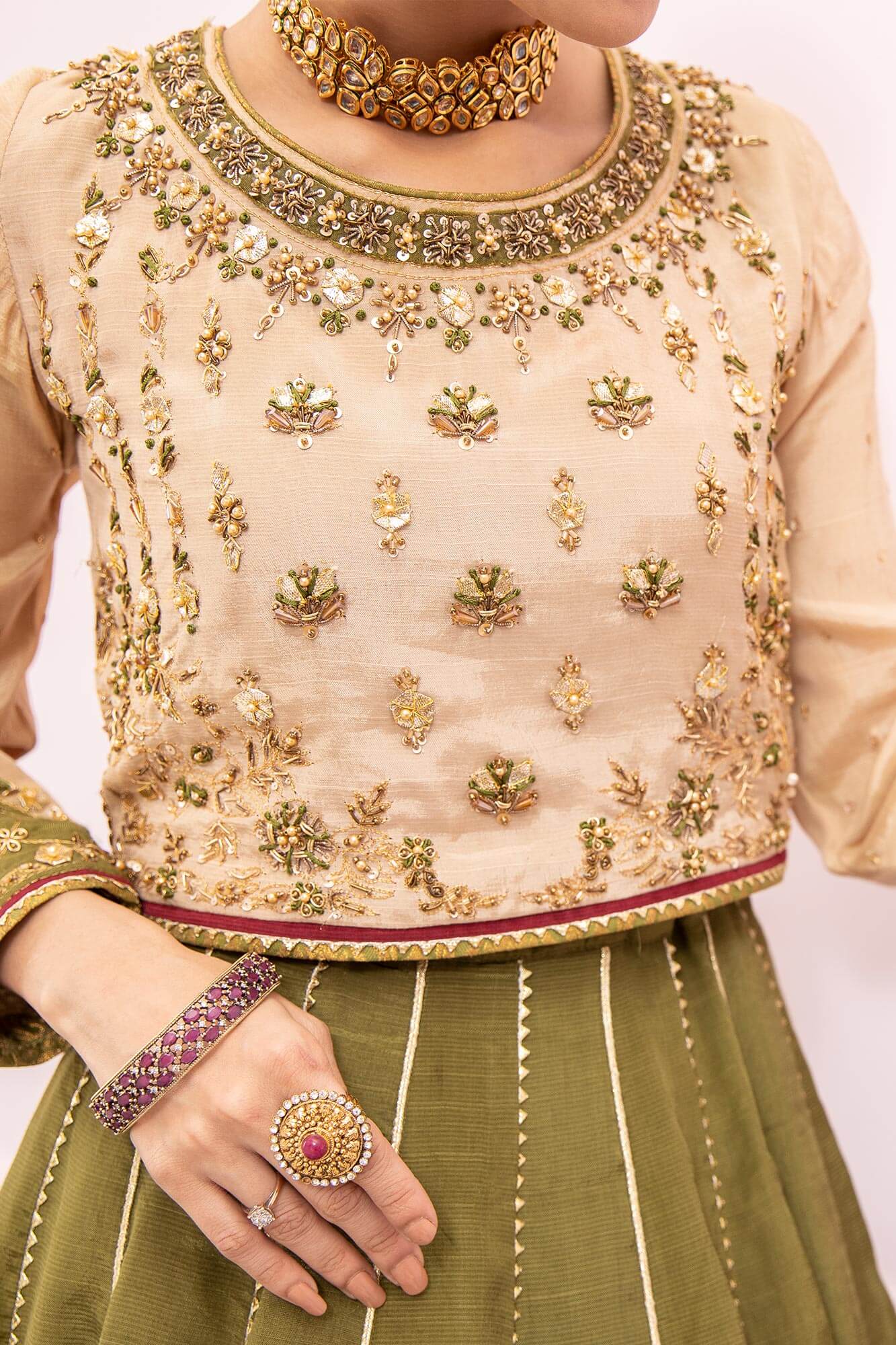 Pakistani Olive Green Embellished PK Raw Silk Lehenga (3-Piece) - Image 1