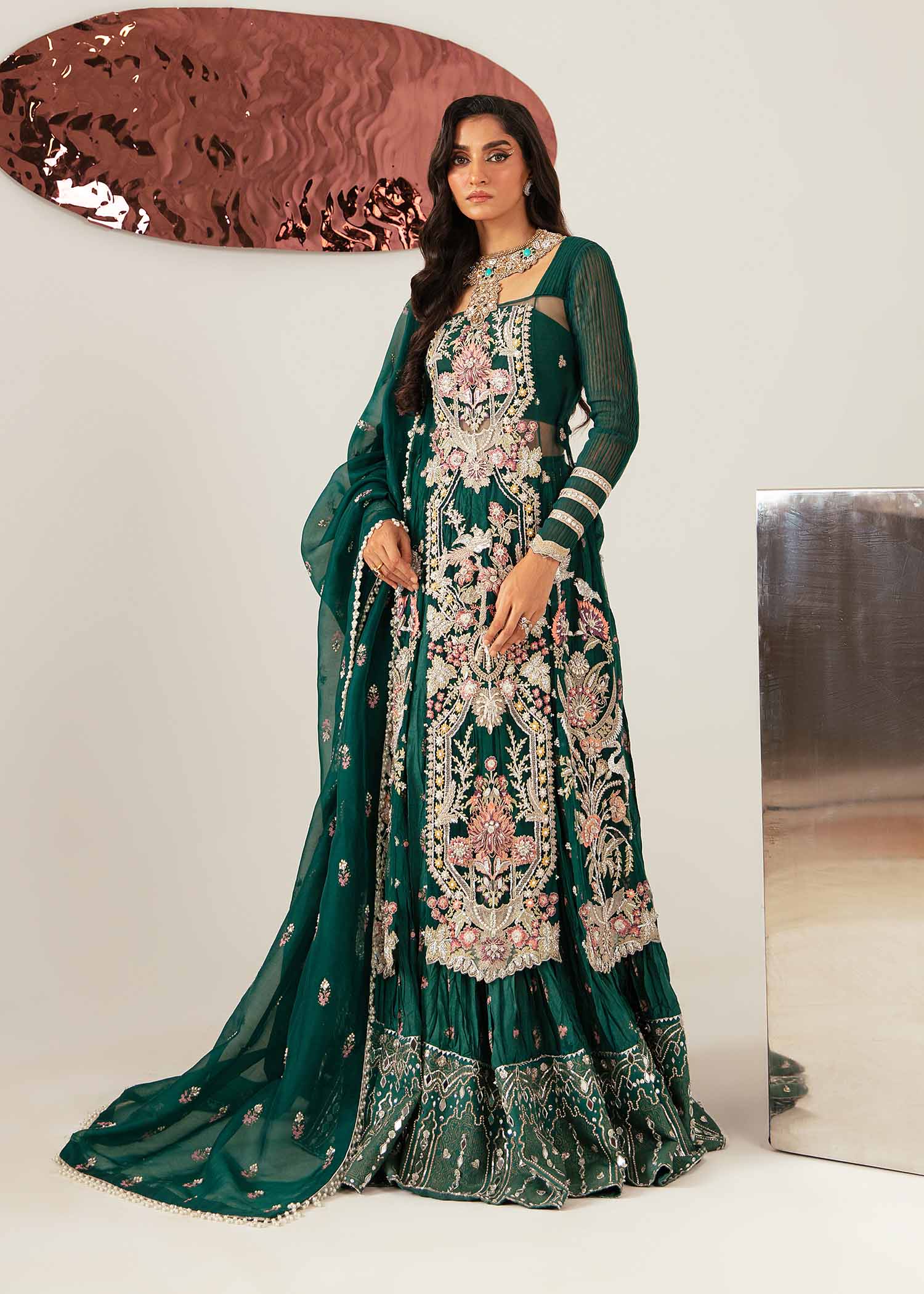 Pakistani Bottle Green Hand-Embellished Net Lehenga (3-Piece) - Image 1