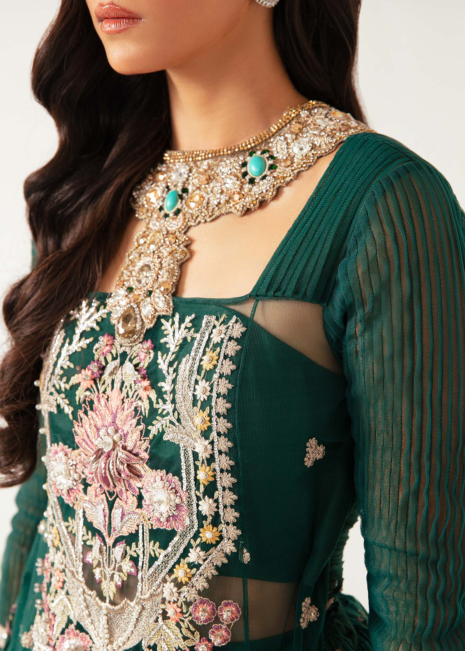 Pakistani Bottle Green Hand-Embellished Net Lehenga (3-Piece) - Image 2