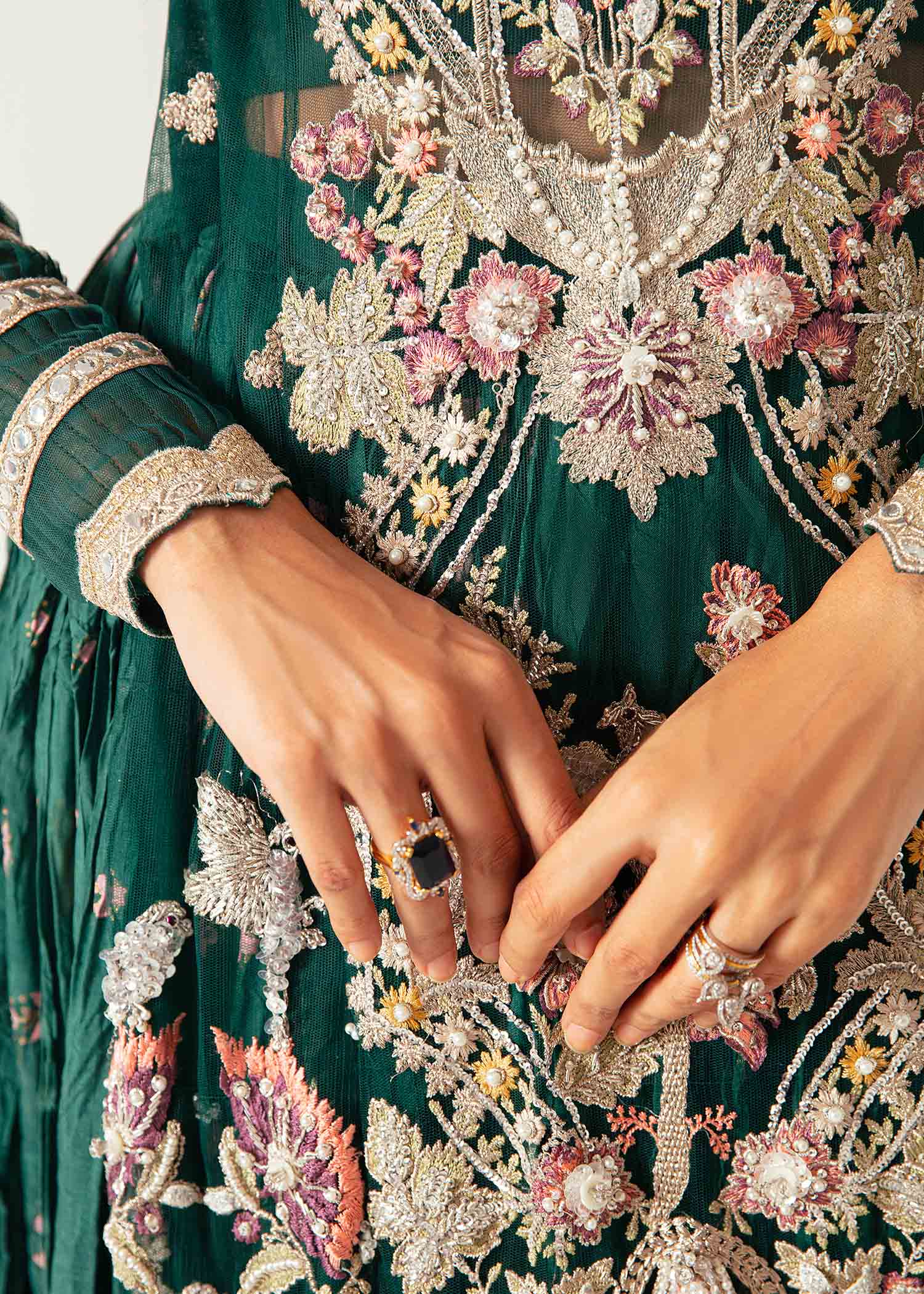 Pakistani Bottle Green Hand-Embellished Net Lehenga (3-Piece) - Image 3