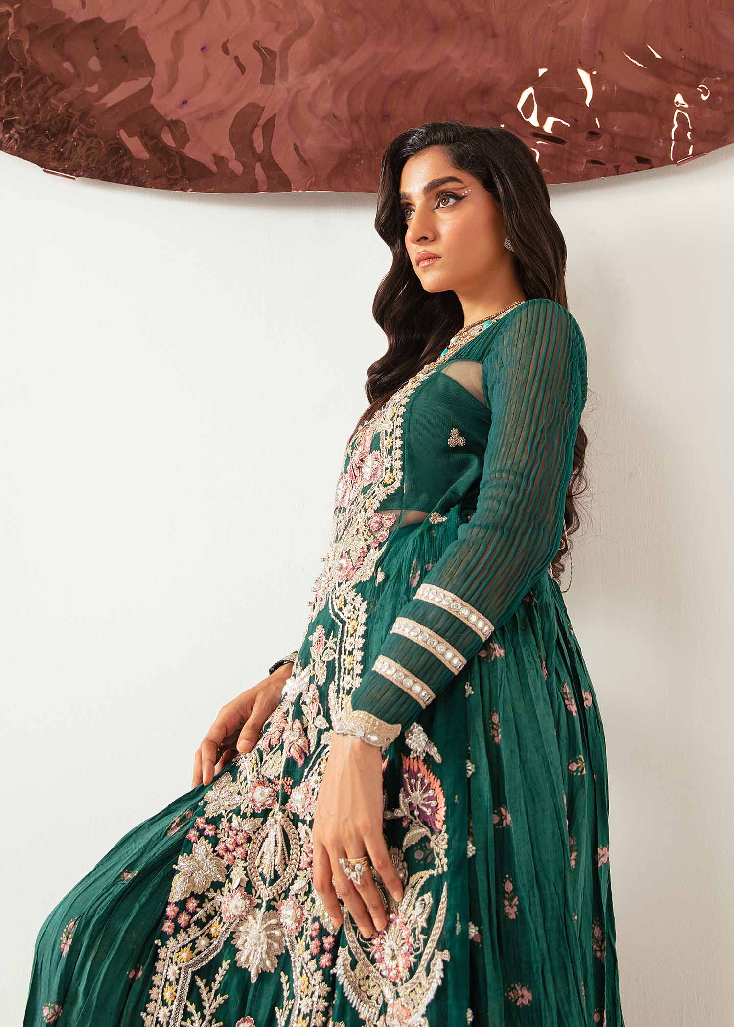 Pakistani Bottle Green Hand-Embellished Net Lehenga (3-Piece) - Image 4