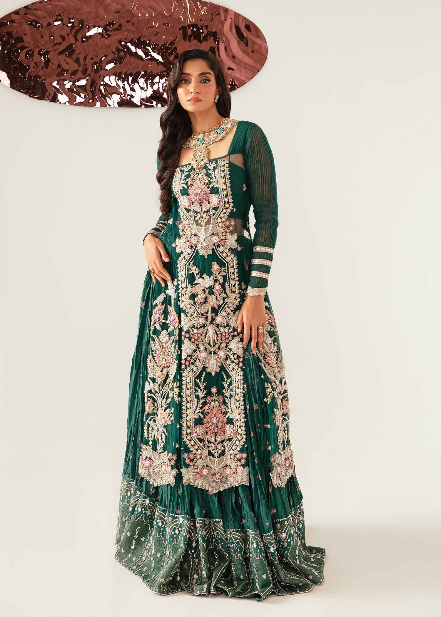 Pakistani Bottle Green Hand-Embellished Net Lehenga (3-Piece) - Image 5