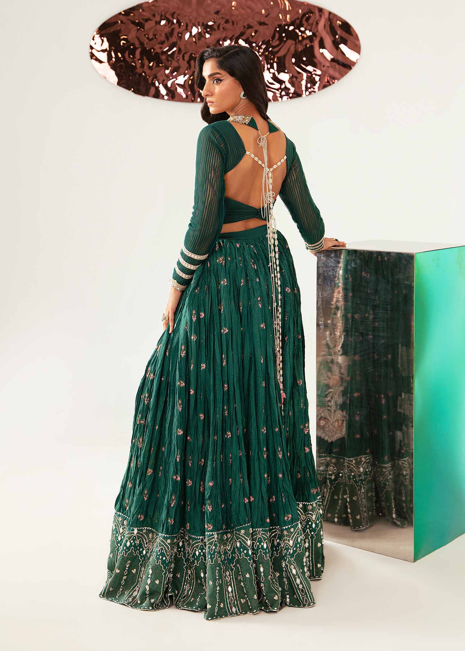 Pakistani Bottle Green Hand-Embellished Net Lehenga (3-Piece) - Image 6