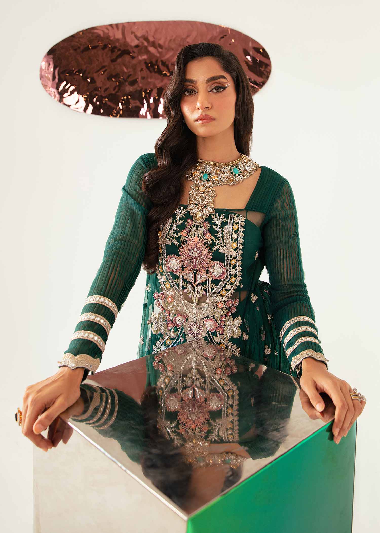 Pakistani Bottle Green Hand-Embellished Net Lehenga (3-Piece) - Image 7